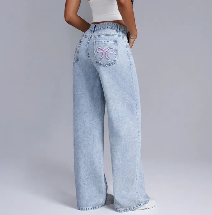 Wide-Leg Denim Bow Jeans