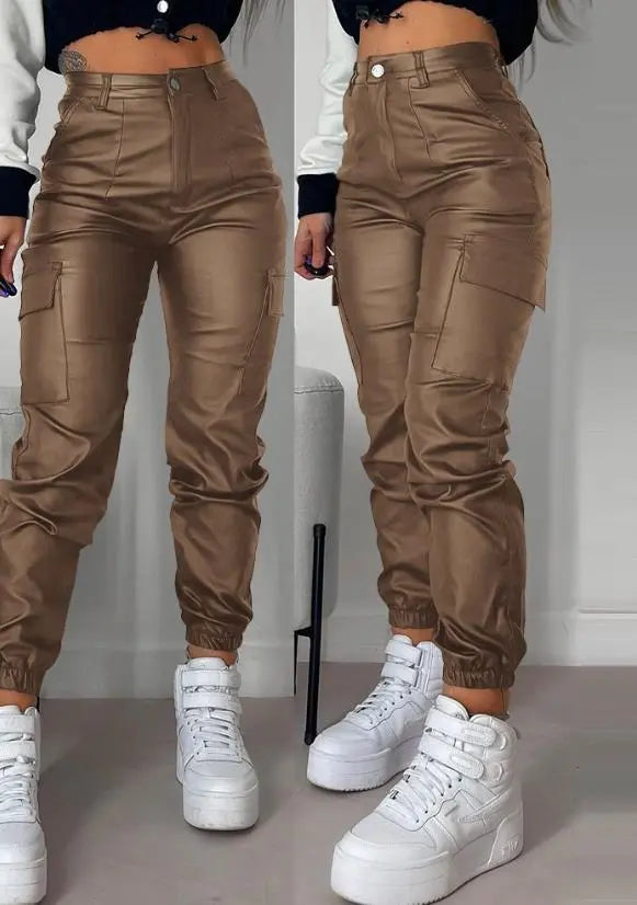 Cargo broek met hoge taille van imitatieleer