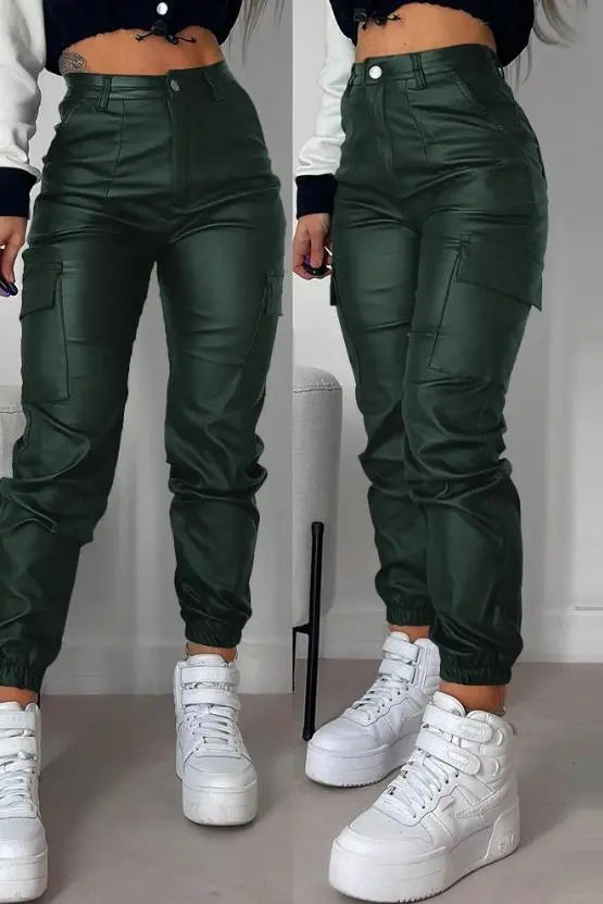 Cargo broek met hoge taille van imitatieleer