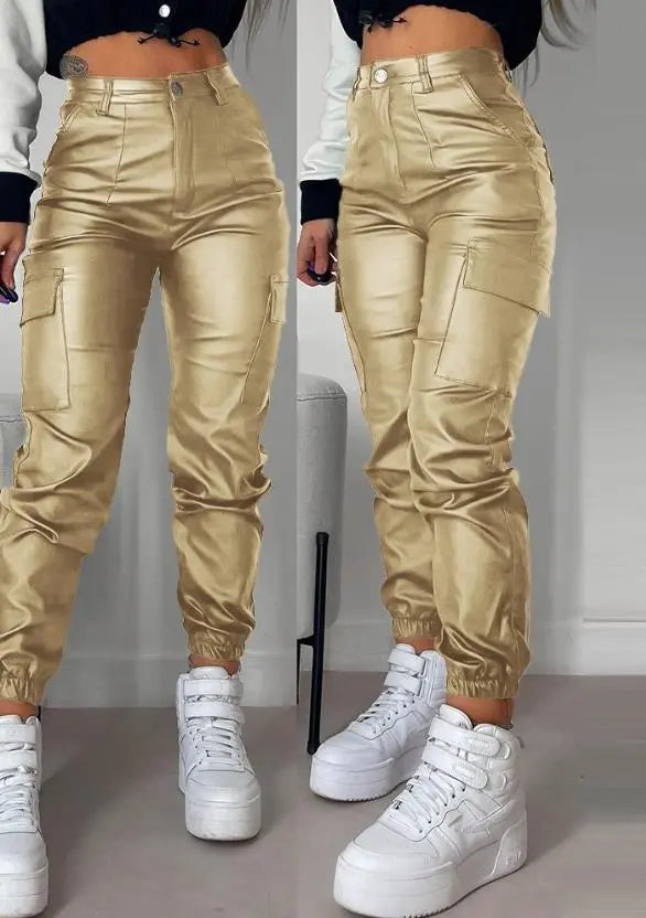 Cargo broek met hoge taille van imitatieleer