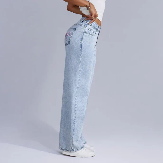 Wide-Leg Denim Bow Jeans