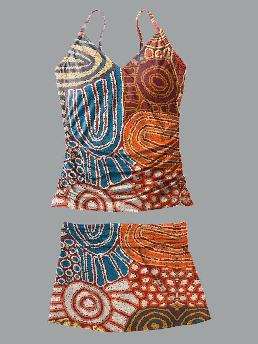 Aboriginal ontwerp V-hals Retro Abstractie Print Jarretelrok Tankini Rok Set Badpak